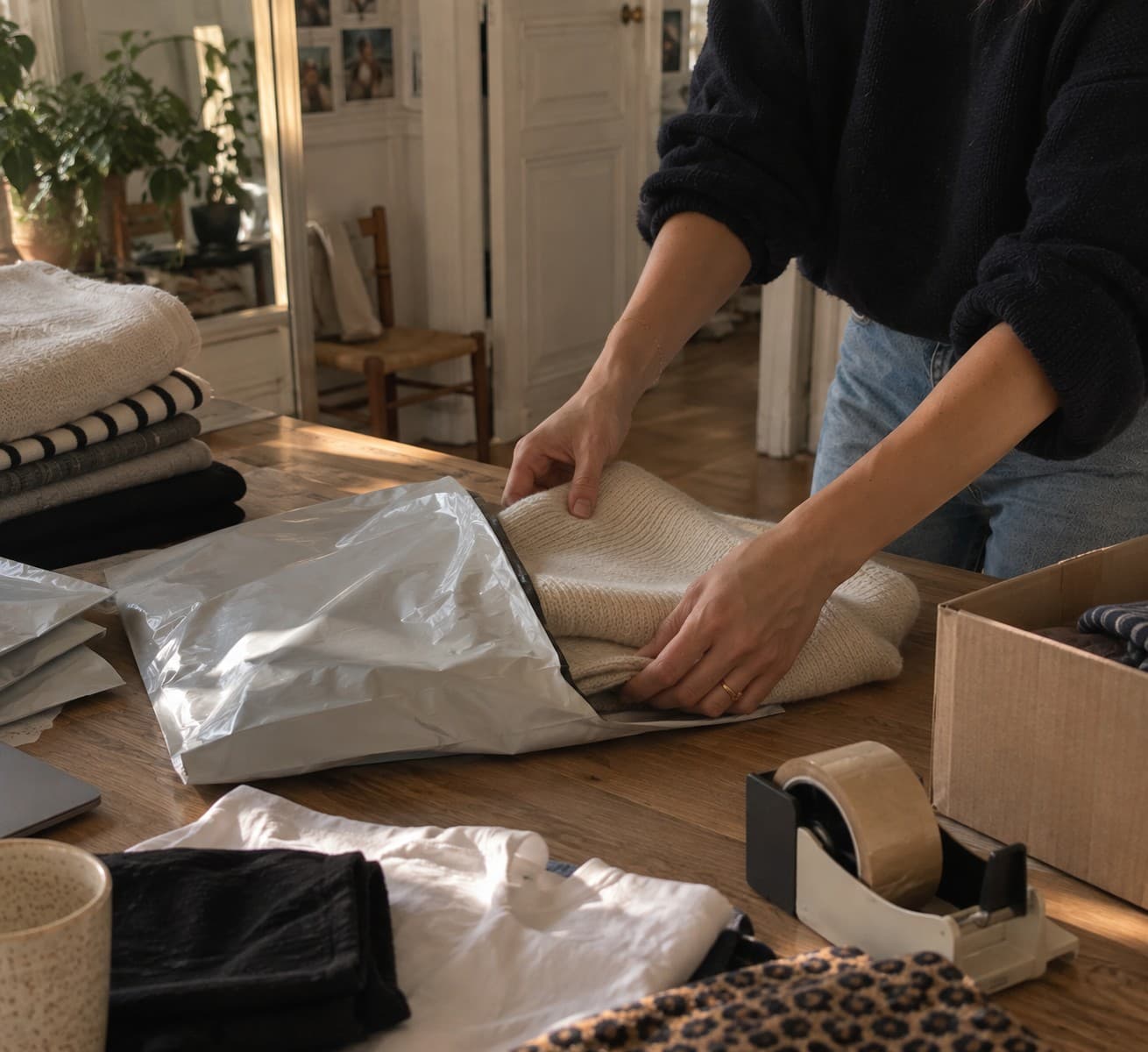 Une femme glisse un pull plié dans une pochette d'expédition, sur une table en bois
